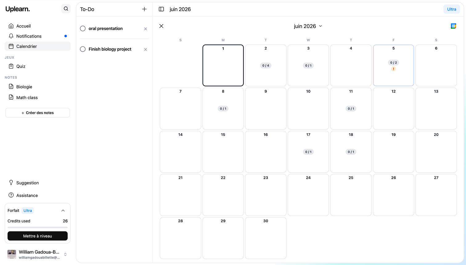 Screenshot of Uplearn — calendar with to-do list and deadlines