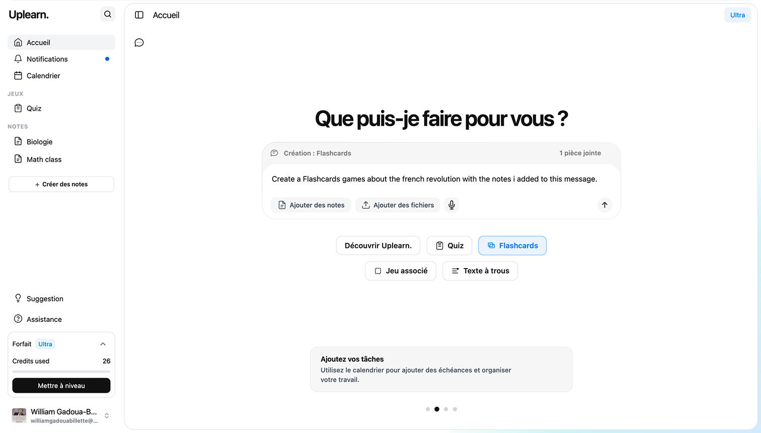 Screenshot of Uplearn — student home dashboard with notes, games, and AI assistant