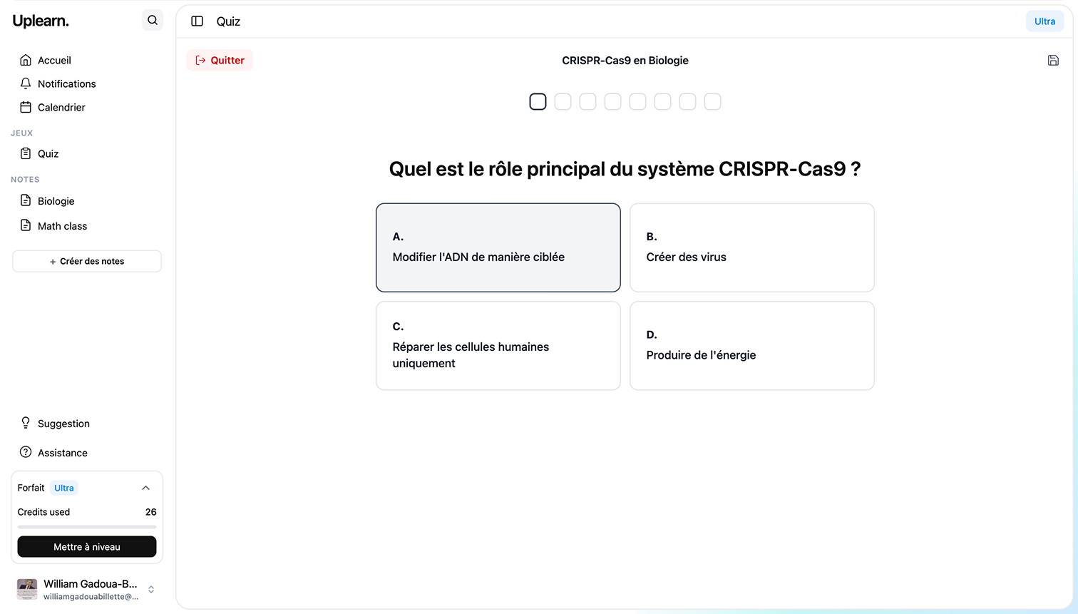 Screenshot of Uplearn — quiz study game from your notes